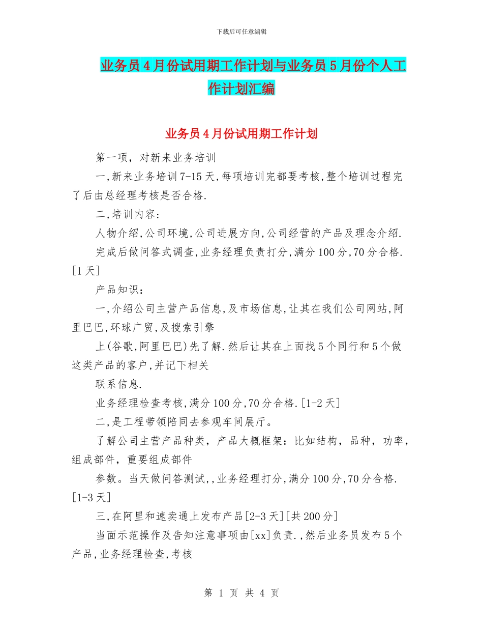 业务员4月份试用期工作计划与业务员5月份个人工作计划汇编_第1页