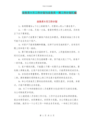 业务员9月工作计划与业务员一周工作计划汇编