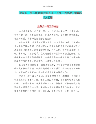 业务员一周工作总结与业务员上半年工作总结汇编