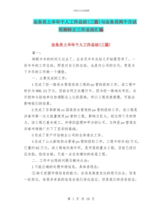 业务员上半年个人工作总结与业务员两个月试用期转正工作总结汇编