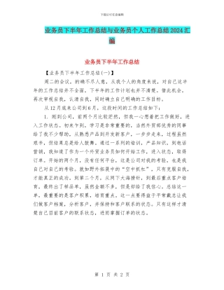 业务员下半年工作总结与业务员个人工作总结2024汇编