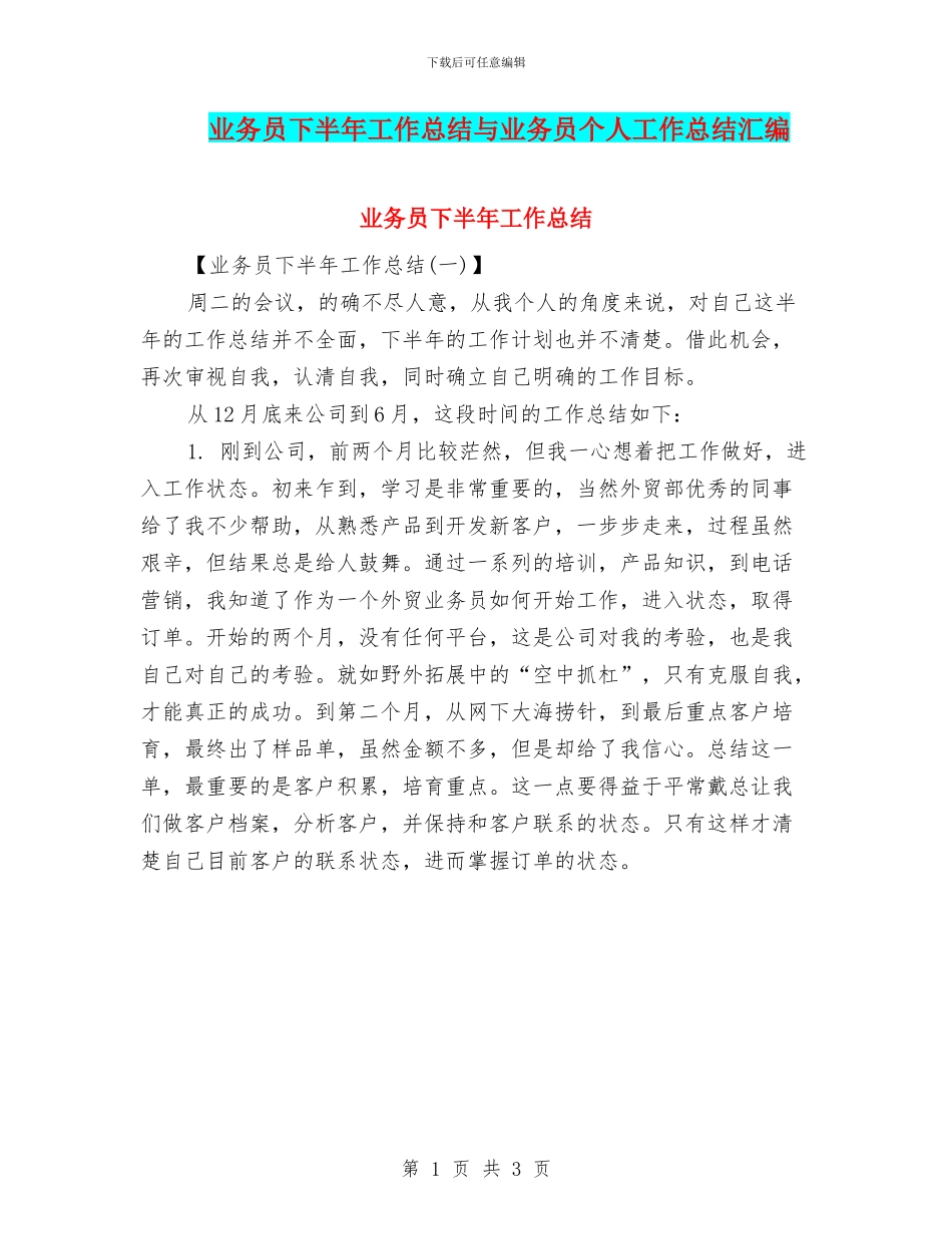 业务员下半年工作总结与业务员个人工作总结汇编_第1页