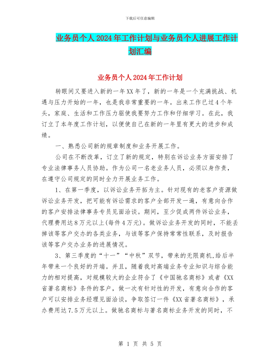 业务员个人2024年工作计划与业务员个人发展工作计划汇编_第1页