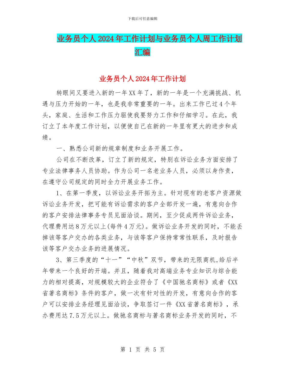 业务员个人2024年工作计划与业务员个人周工作计划汇编_第1页