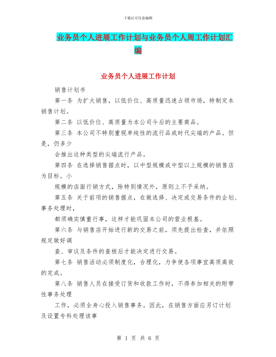 业务员个人发展工作计划与业务员个人周工作计划汇编_第1页