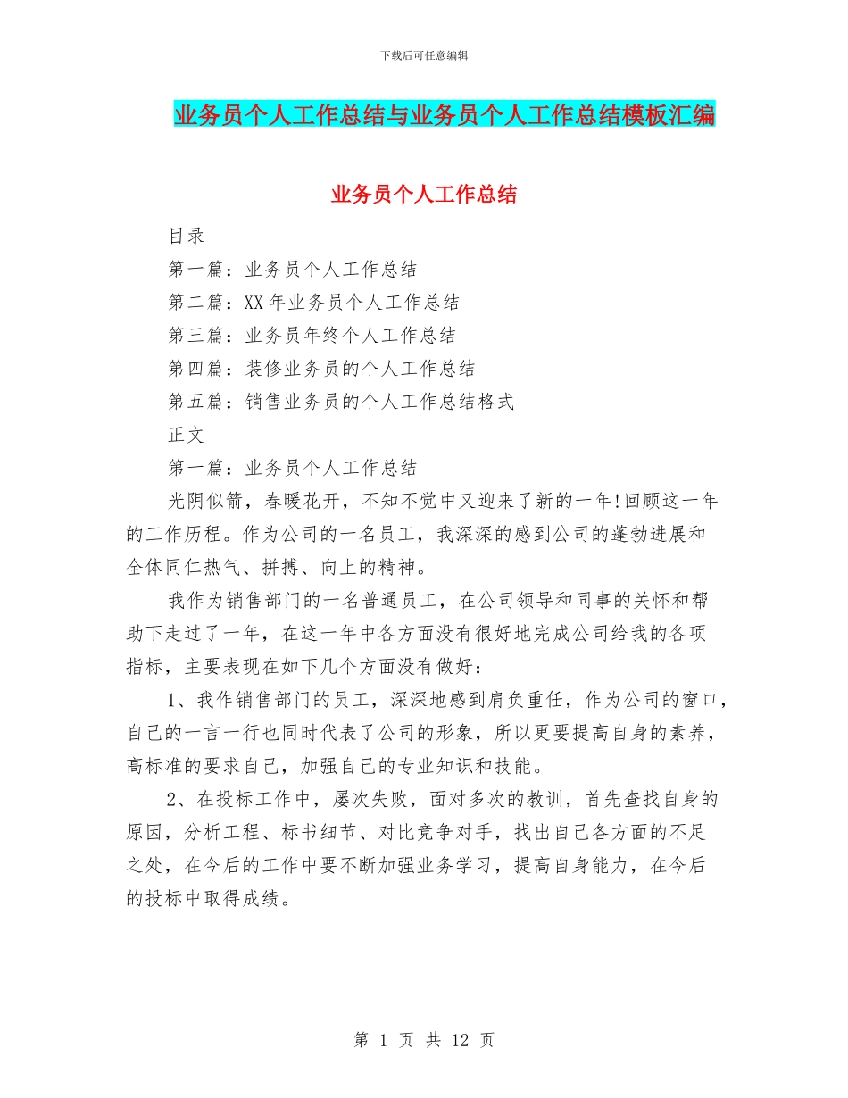 业务员个人工作总结与业务员个人工作总结模板汇编_第1页