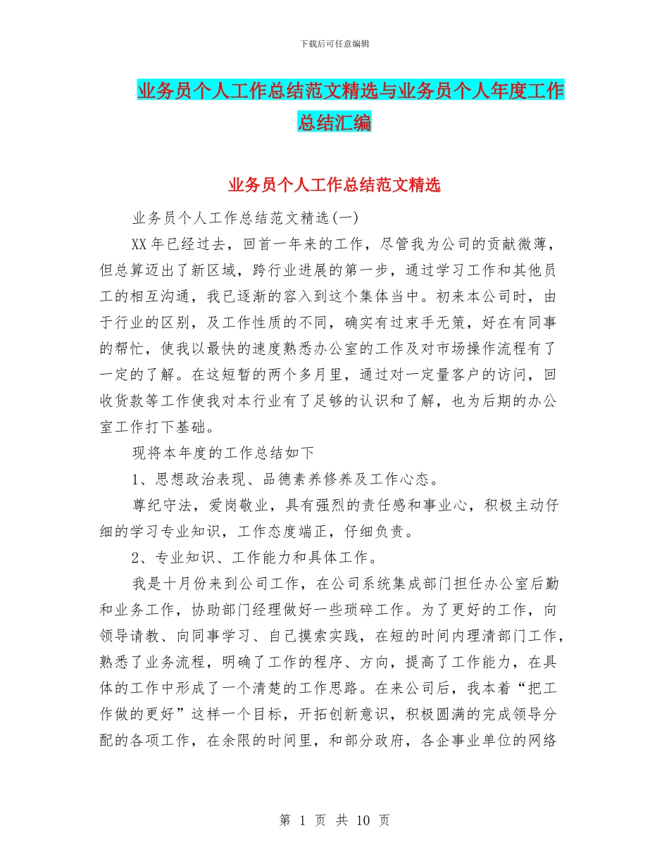 业务员个人工作总结范文精选与业务员个人年度工作总结汇编_第1页