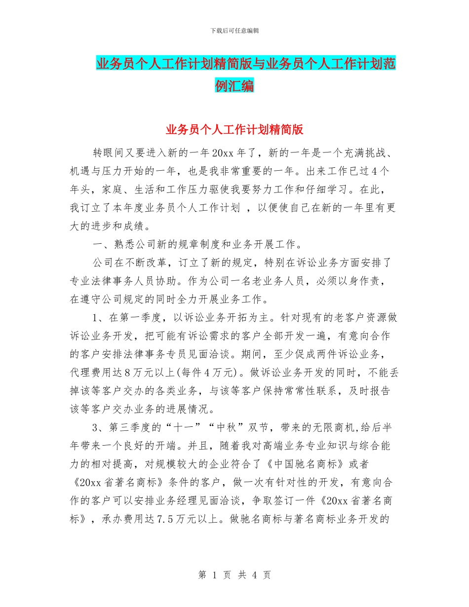 业务员个人工作计划精简版与业务员个人工作计划范例汇编_第1页