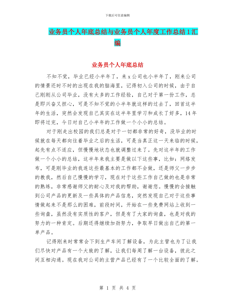业务员个人年底总结与业务员个人年度工作总结1汇编_第1页