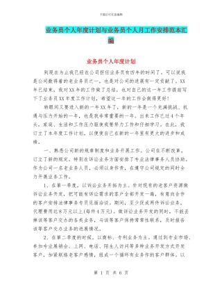 业务员个人年度计划与业务员个人月工作安排范本汇编