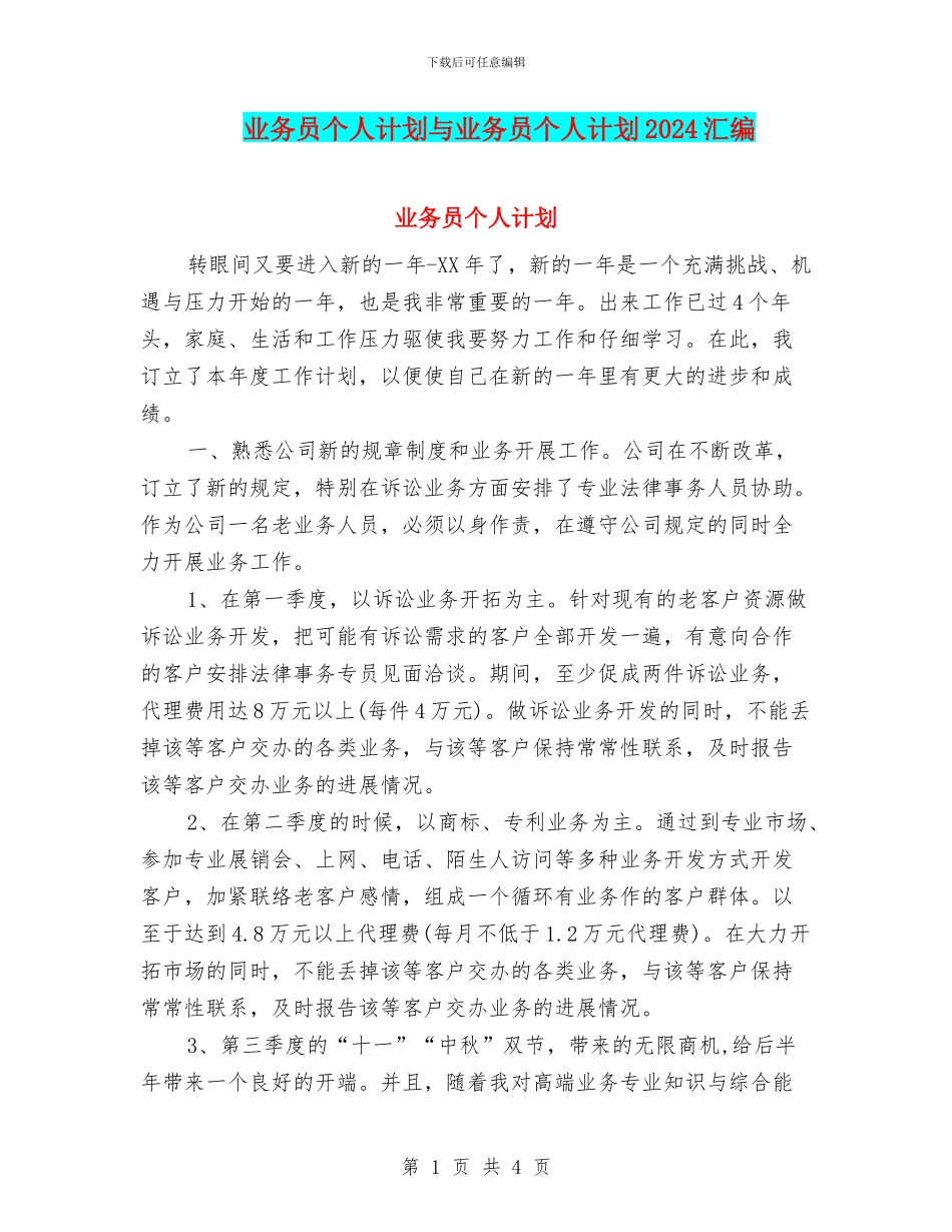 业务员个人计划与业务员个人计划2024汇编_第1页