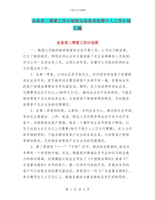业务员二季度工作计划表与业务员优秀个人工作计划汇编
