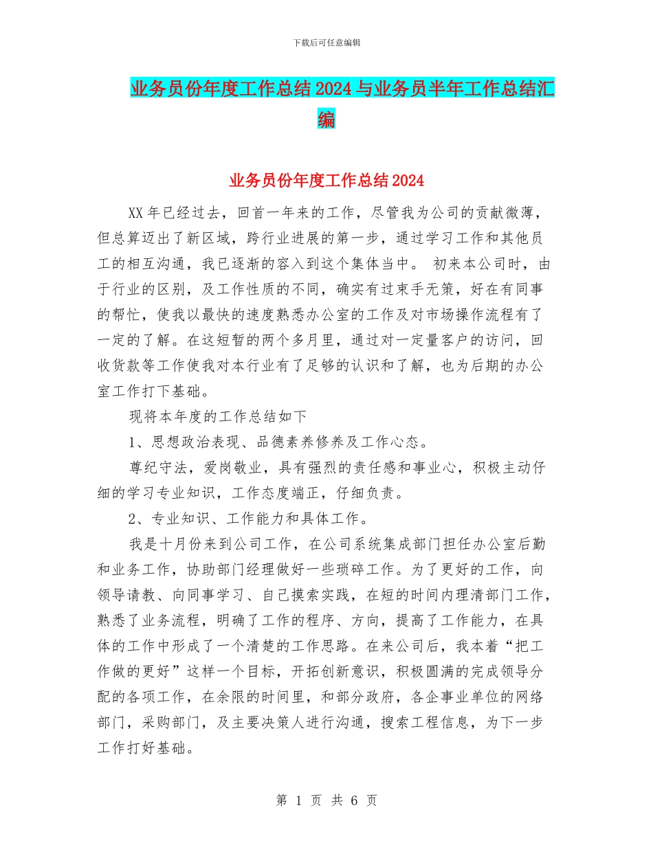 业务员份年度工作总结2024与业务员半年工作总结汇编_第1页
