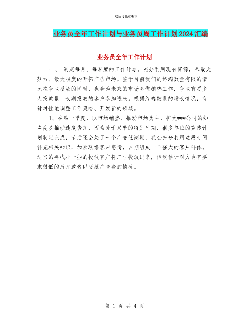 业务员全年工作计划与业务员周工作计划2024汇编_第1页
