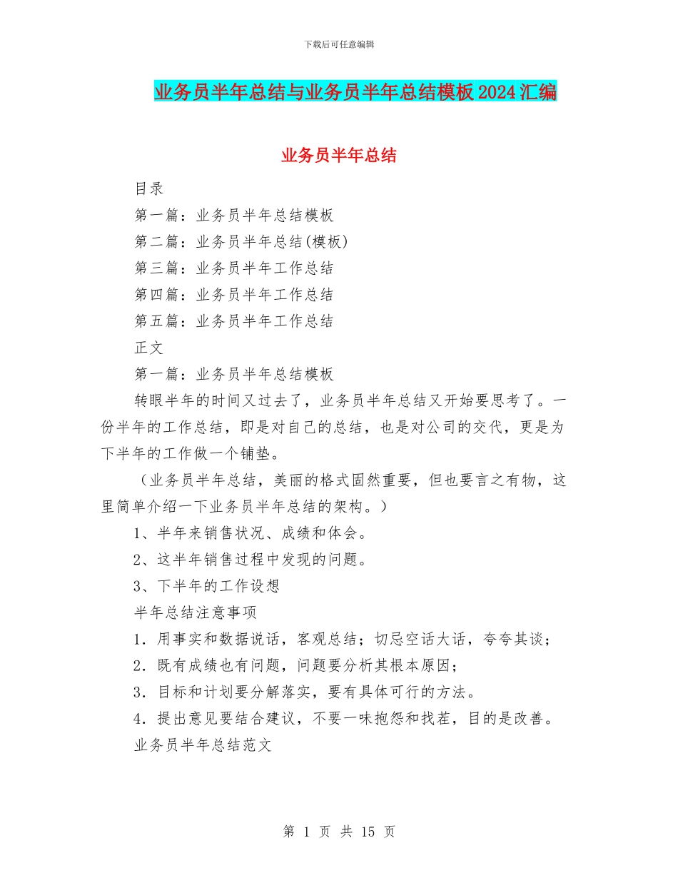 业务员半年总结与业务员半年总结模板2024汇编_第1页