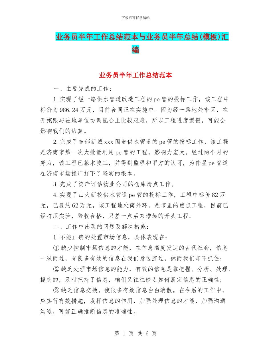 业务员半年工作总结范本与业务员半年总结汇编_第1页
