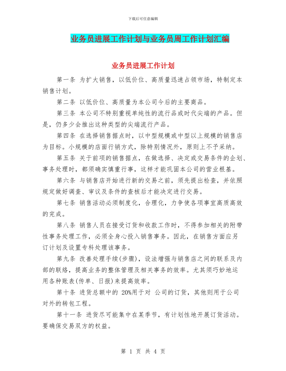 业务员发展工作计划与业务员周工作计划汇编_第1页
