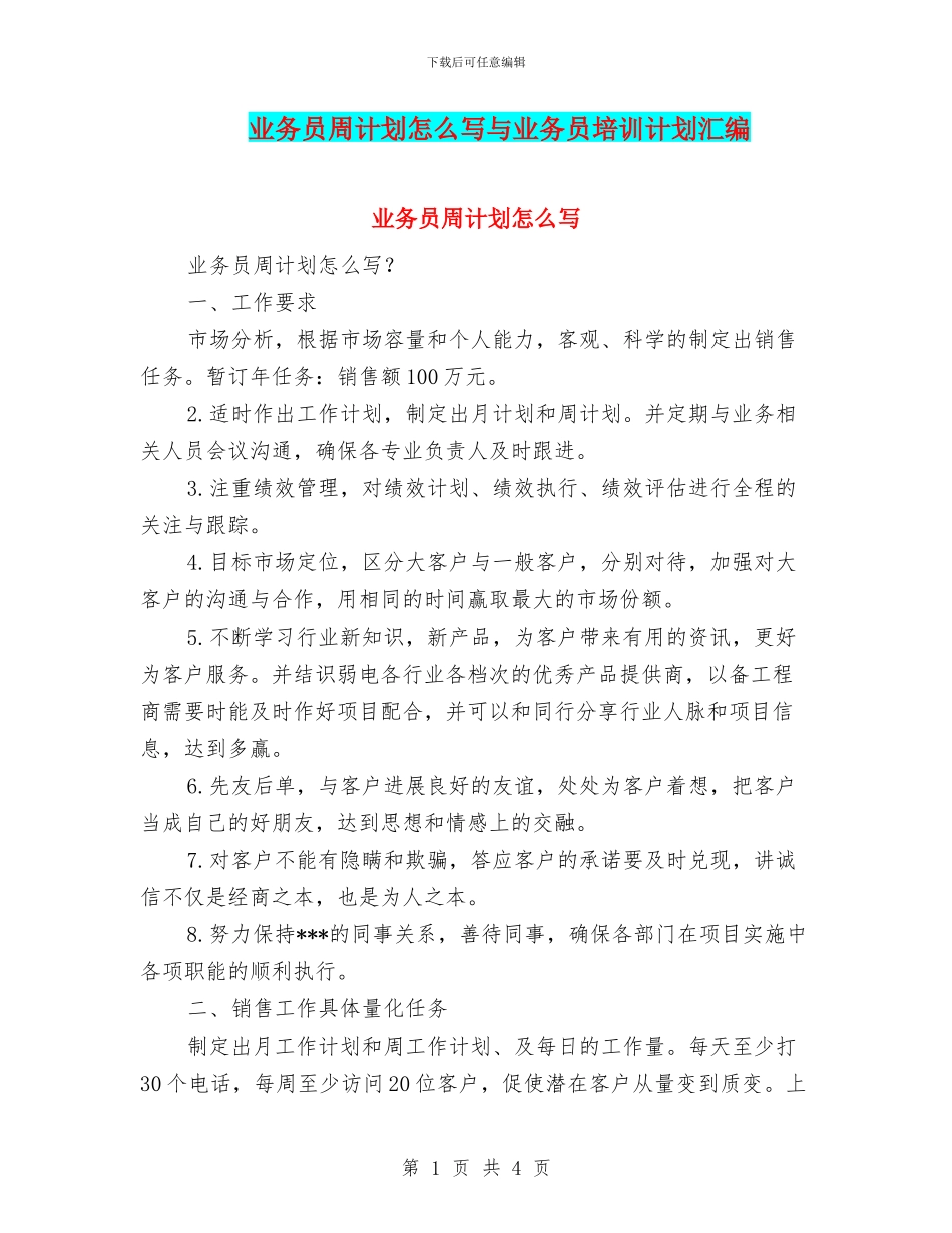 业务员周计划怎么写与业务员培训计划汇编_第1页