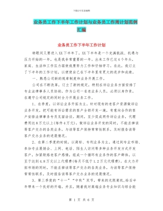 业务员工作下半年工作计划与业务员工作周计划范例汇编