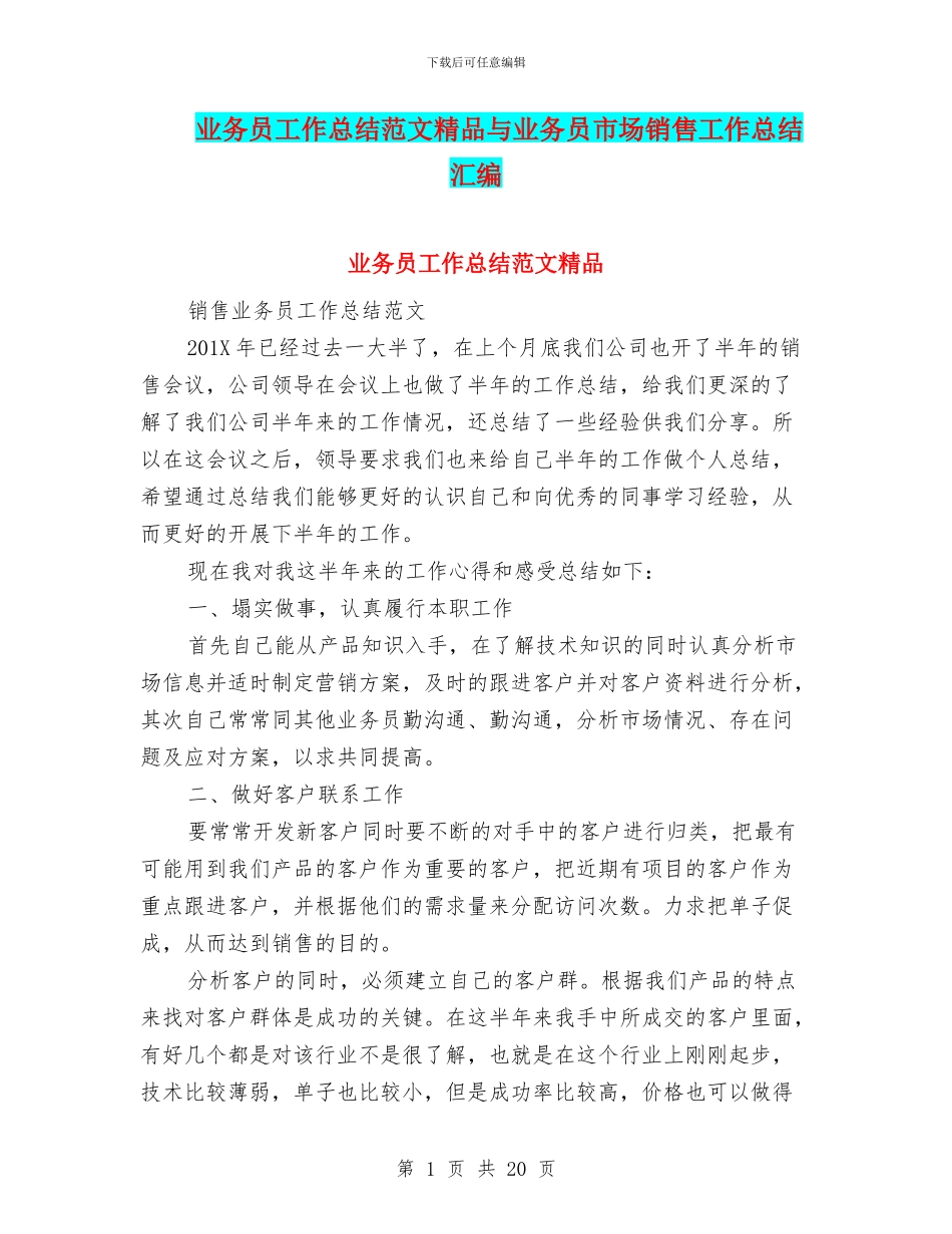 业务员工作总结范文精品与业务员市场销售工作总结汇编_第1页
