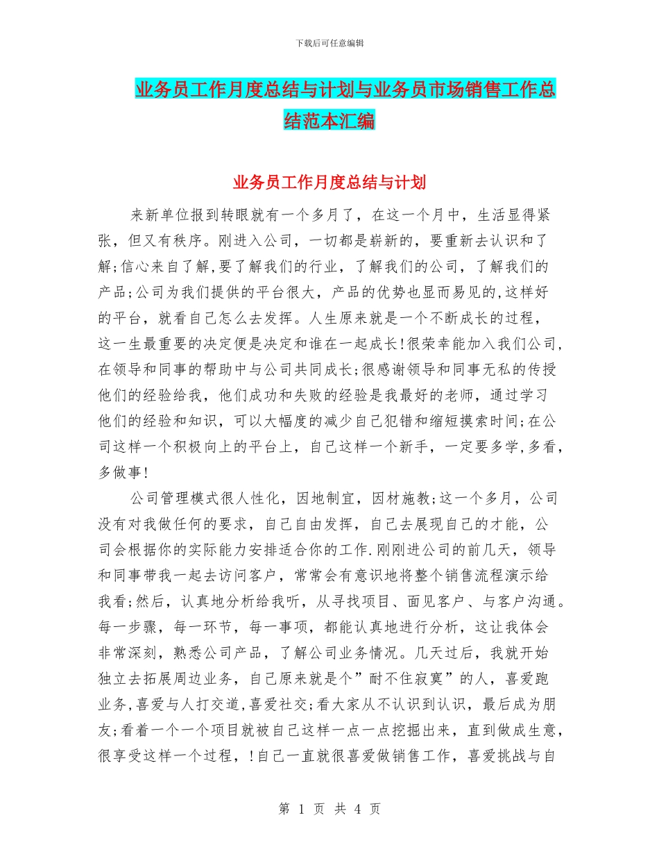 业务员工作月度总结与计划与业务员市场销售工作总结范本汇编_第1页