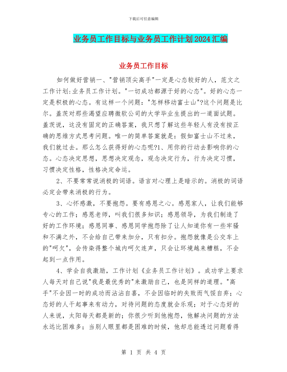 业务员工作目标与业务员工作计划2024汇编_第1页