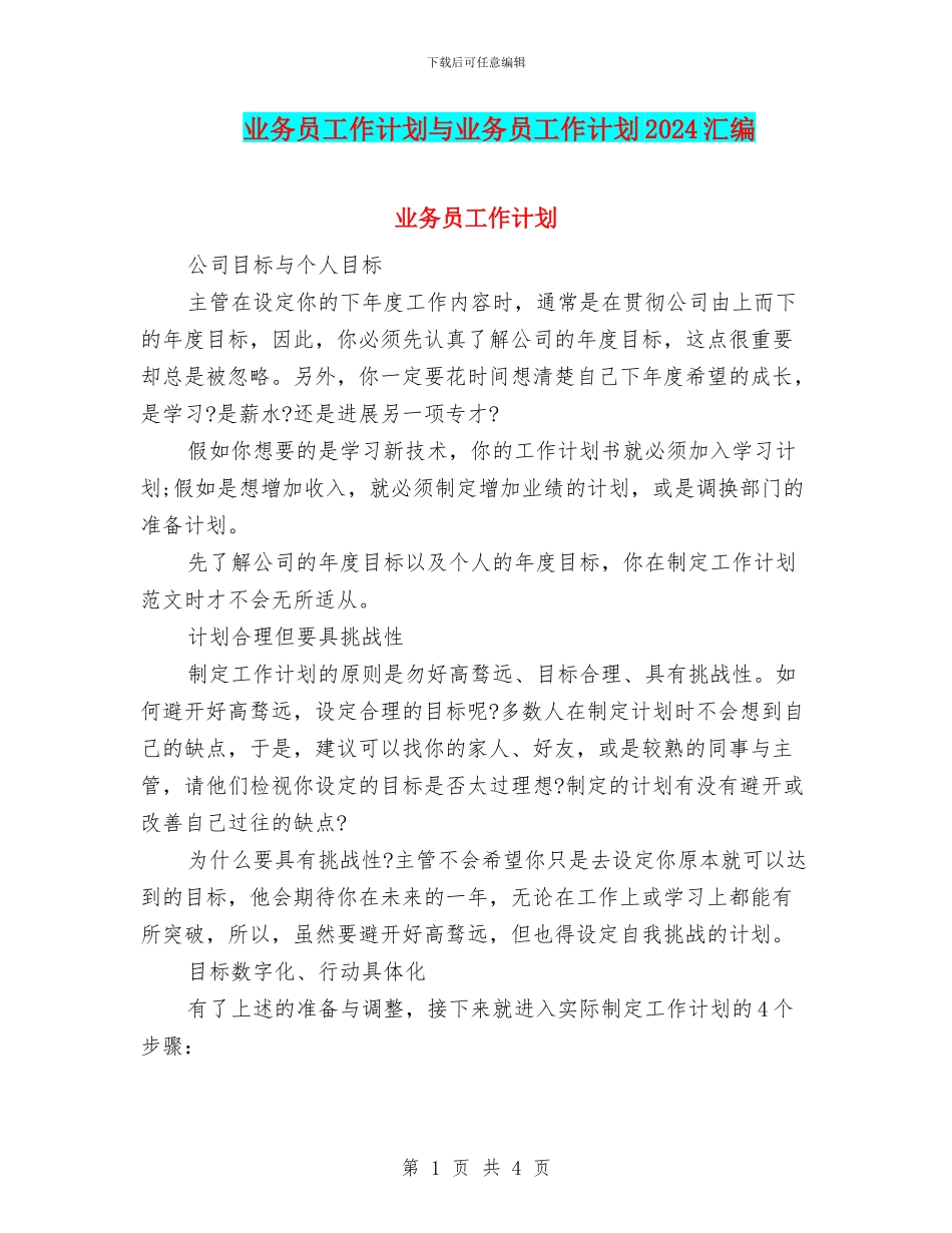 业务员工作计划与业务员工作计划2024汇编_第1页