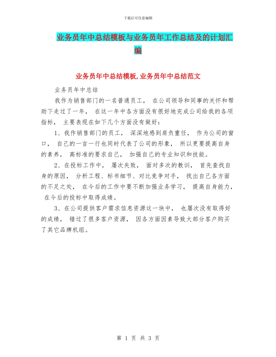 业务员年中总结模板与业务员年工作总结及的计划汇编_第1页