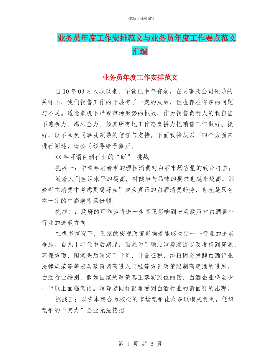 业务员年度工作安排范文与业务员年度工作要点范文汇编_第1页