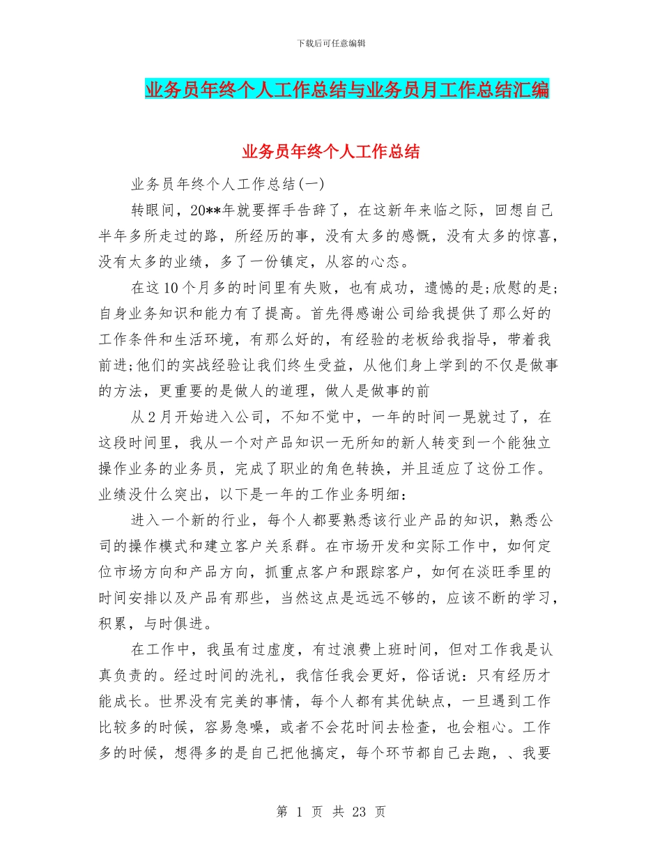 业务员年终个人工作总结与业务员月工作总结汇编_第1页