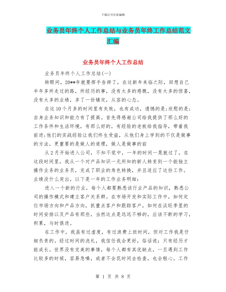 业务员年终个人工作总结与业务员年终工作总结范文汇编_第1页