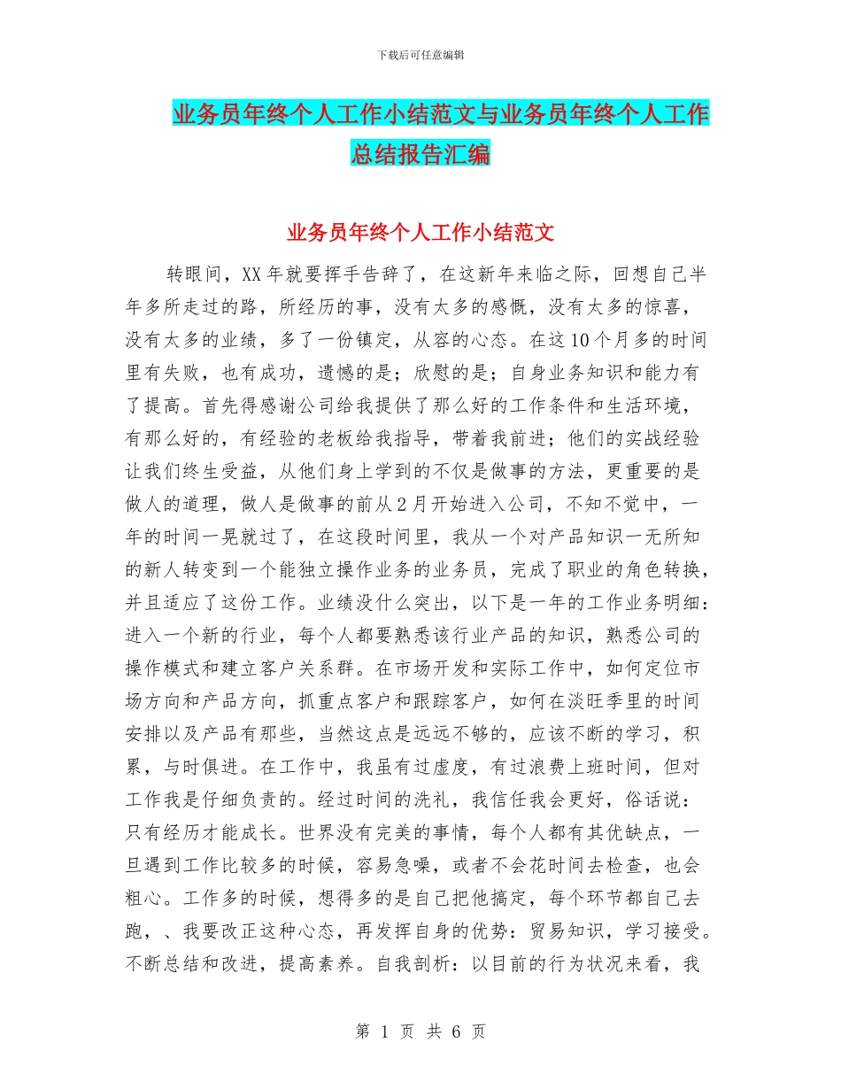 业务员年终个人工作小结范文与业务员年终个人工作总结报告汇编_第1页