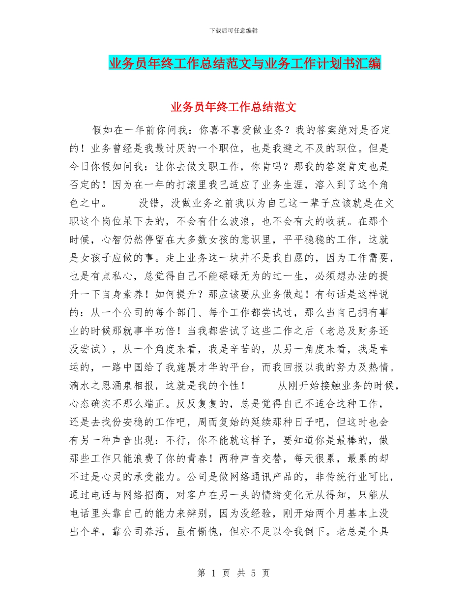 业务员年终工作总结范文与业务工作计划书汇编_第1页