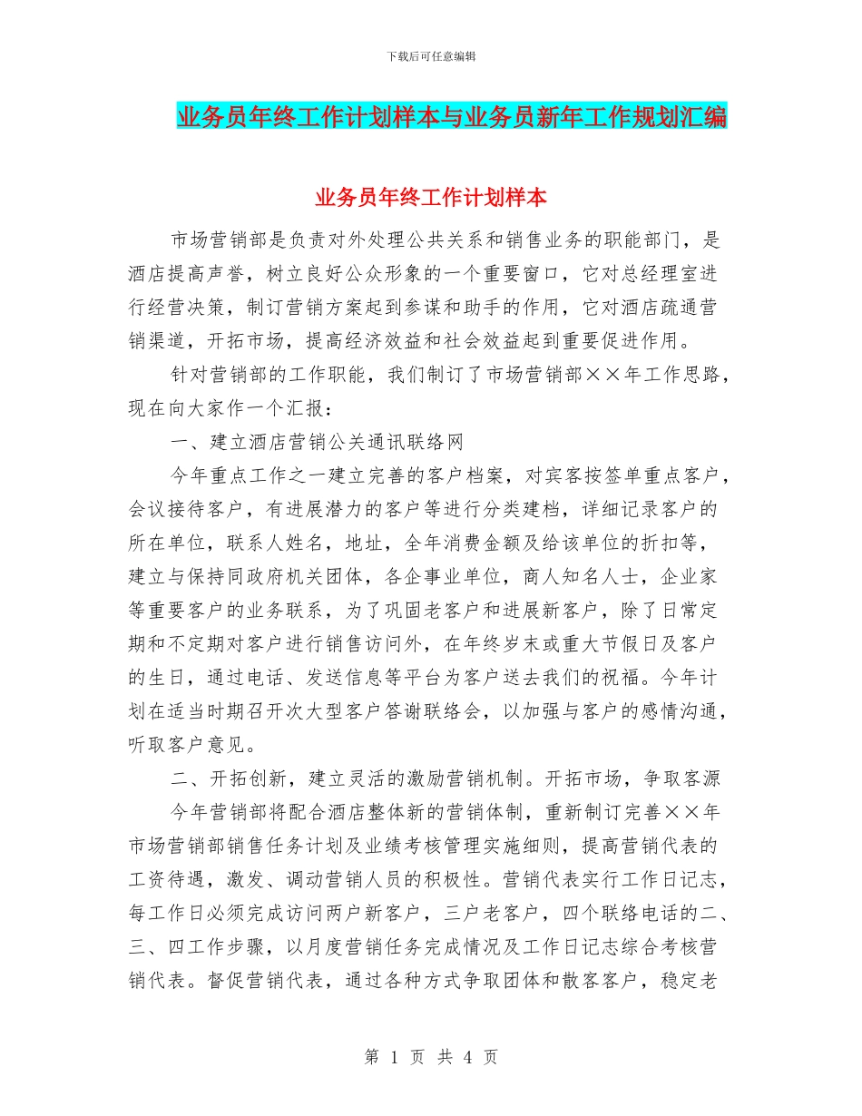 业务员年终工作计划样本与业务员新年工作规划汇编_第1页