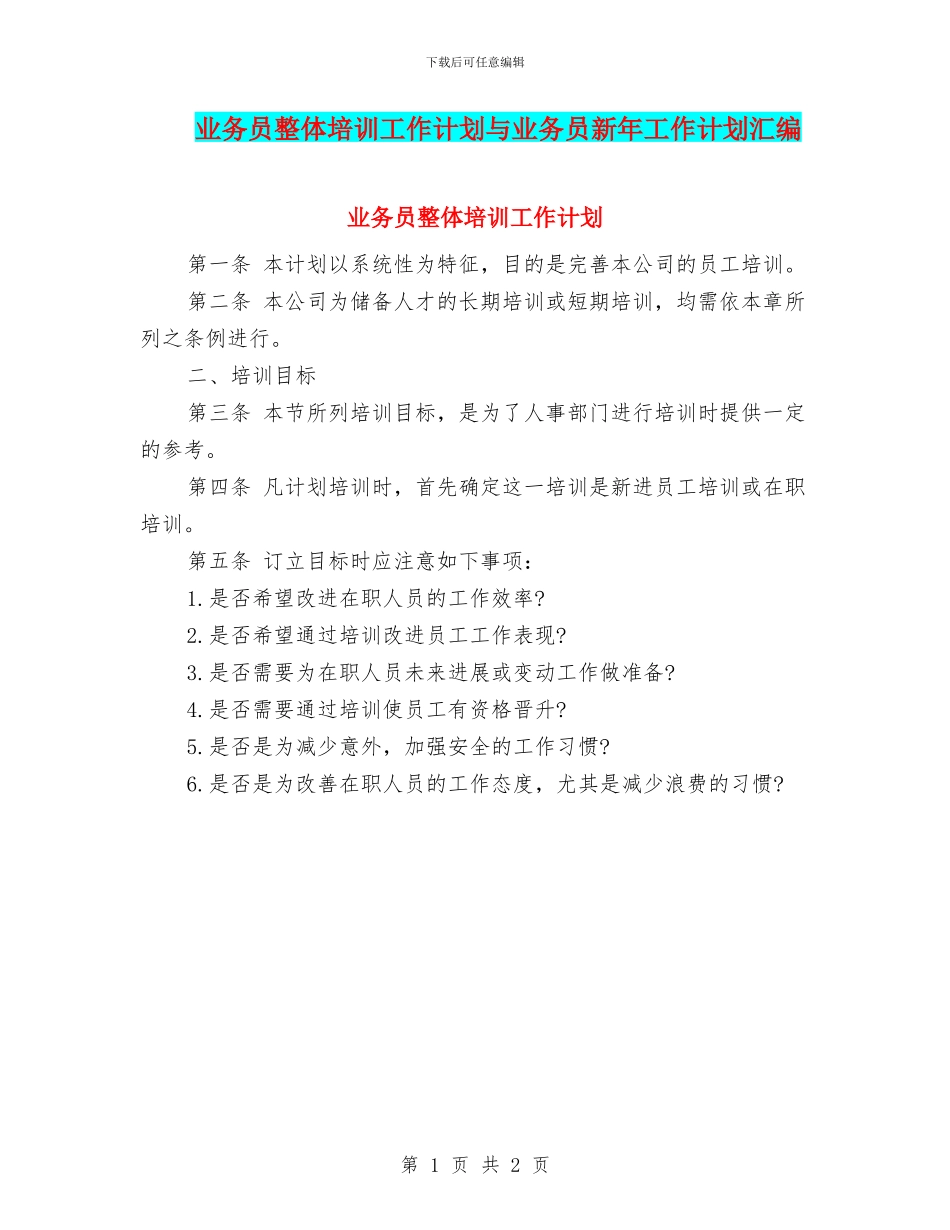 业务员整体培训工作计划与业务员新年工作计划汇编_第1页