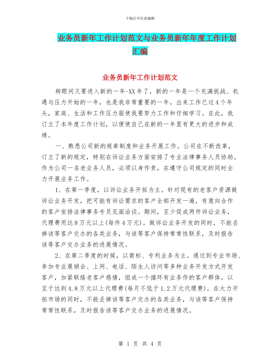 业务员新年工作计划范文与业务员新年年度工作计划汇编_第1页