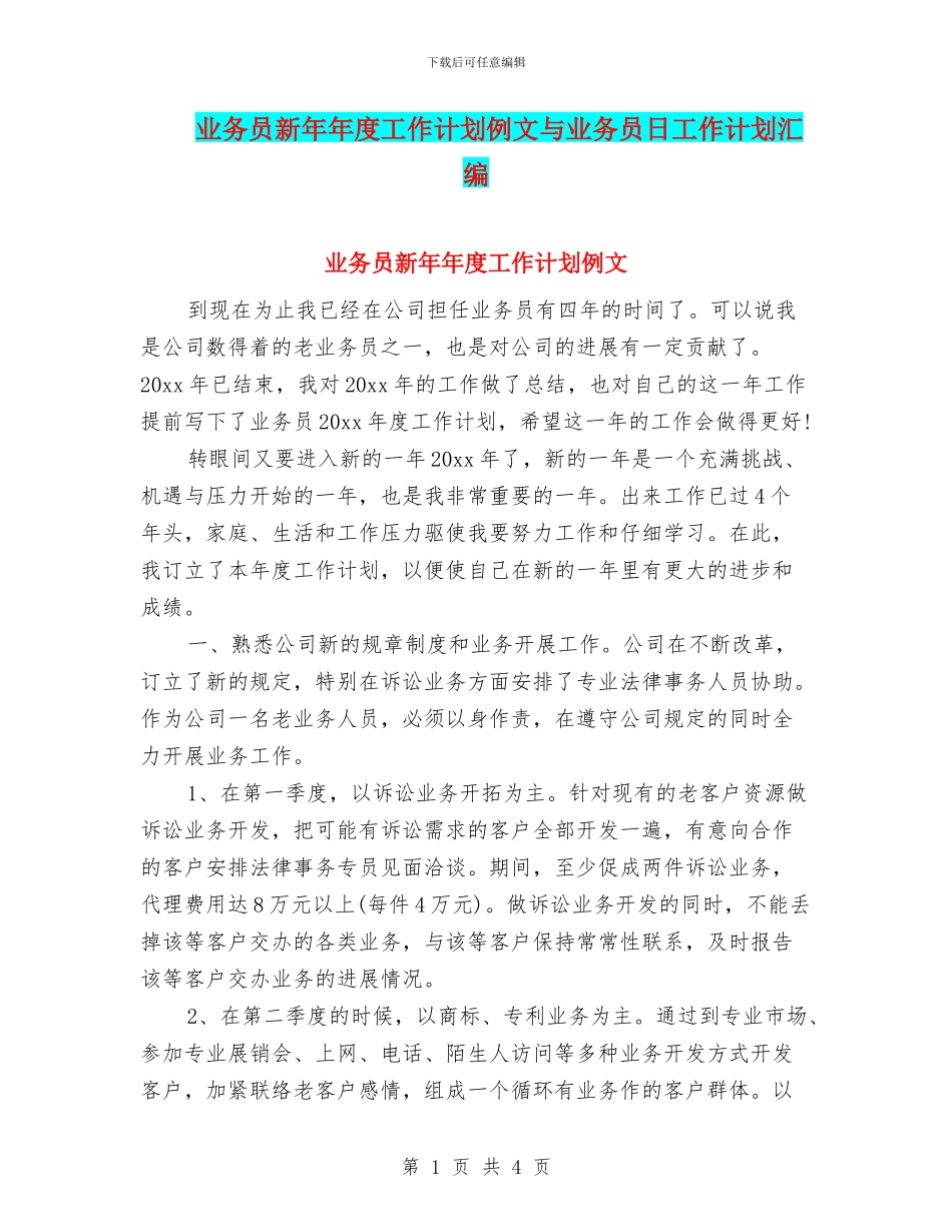 业务员新年年度工作计划例文与业务员日工作计划汇编_第1页