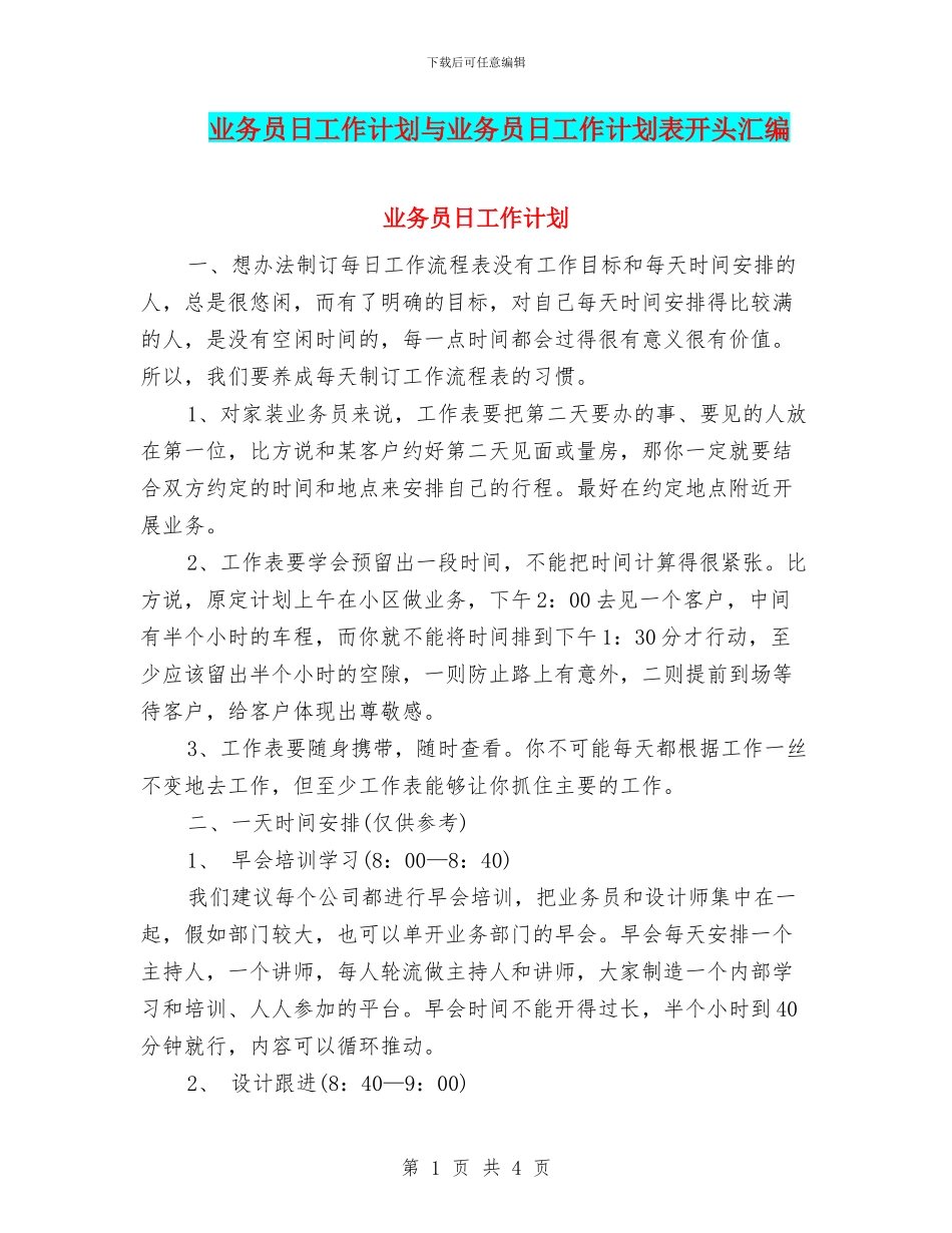 业务员日工作计划与业务员日工作计划表开头汇编_第1页