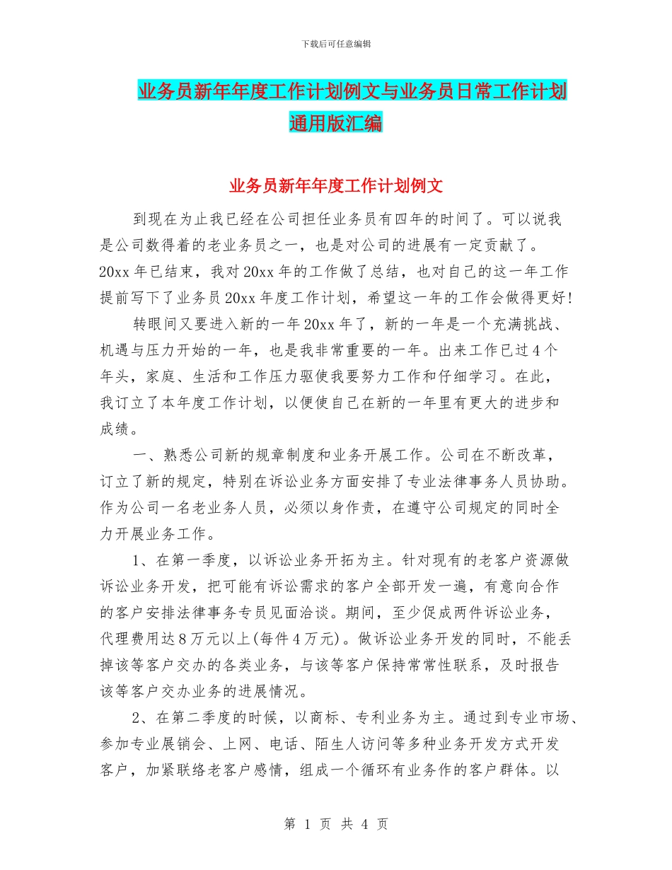 业务员新年年度工作计划例文与业务员日常工作计划通用版汇编_第1页
