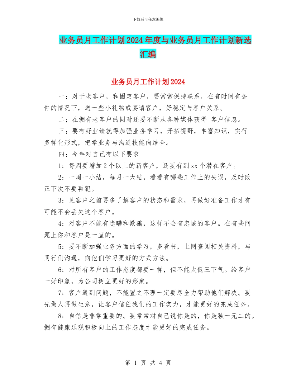 业务员月工作计划2024年度与业务员月工作计划新选汇编_第1页