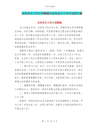 业务员月工作计划精编与业务员月工作计划表汇编