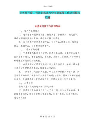 业务员月度工作计划范本与业务员每周工作计划报告汇编