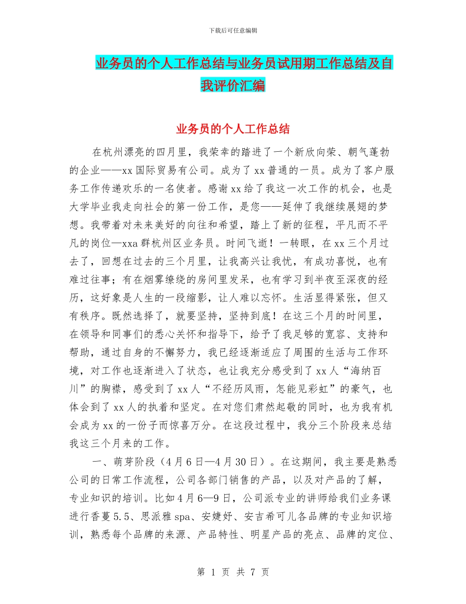 业务员的个人工作总结与业务员试用期工作总结及自我评价汇编_第1页