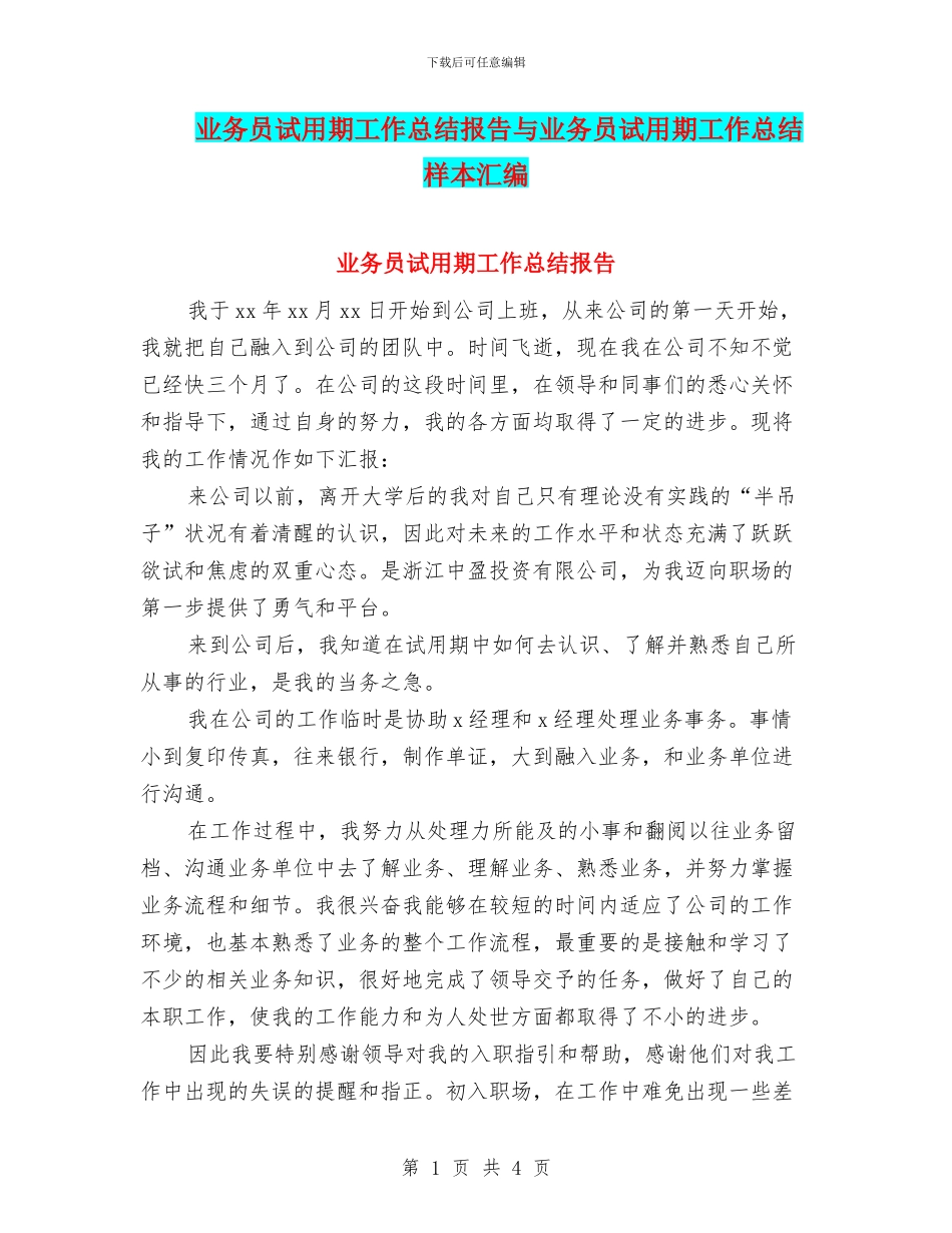 业务员试用期工作总结报告与业务员试用期工作总结样本汇编_第1页