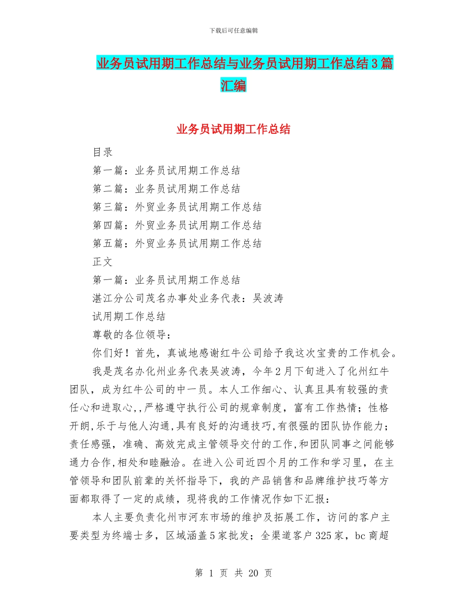 业务员试用期工作总结与业务员试用期工作总结3篇汇编_第1页
