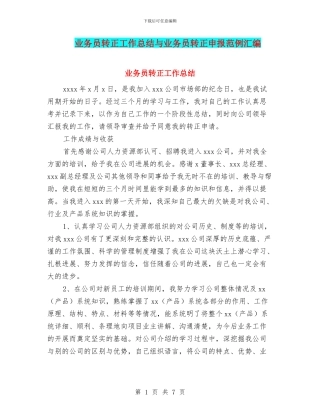 业务员转正工作总结与业务员转正申报范例汇编