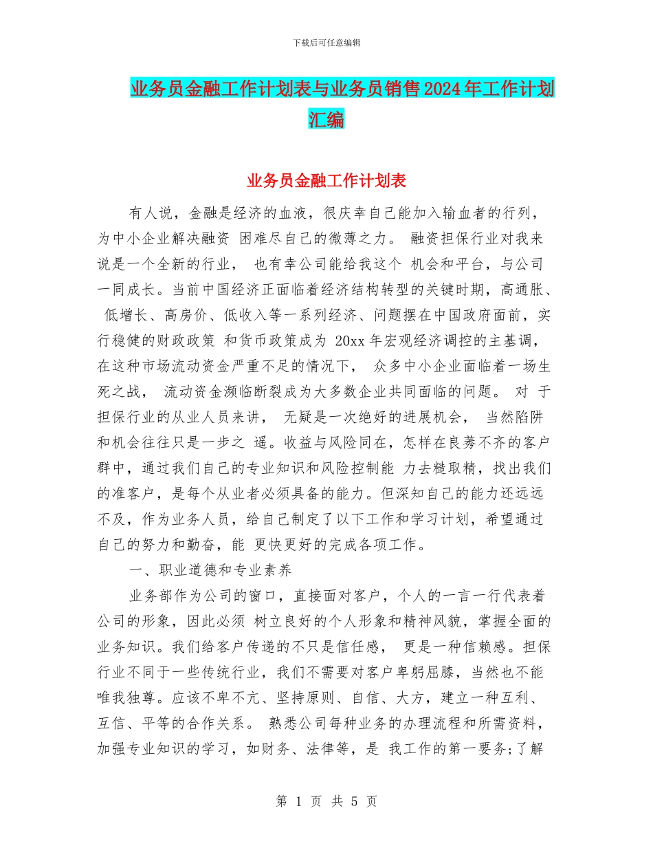业务员金融工作计划表与业务员销售2024年工作计划汇编_第1页