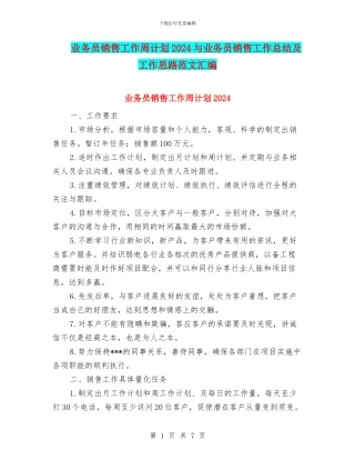 业务员销售工作周计划2024与业务员销售工作总结及工作思路范文汇编