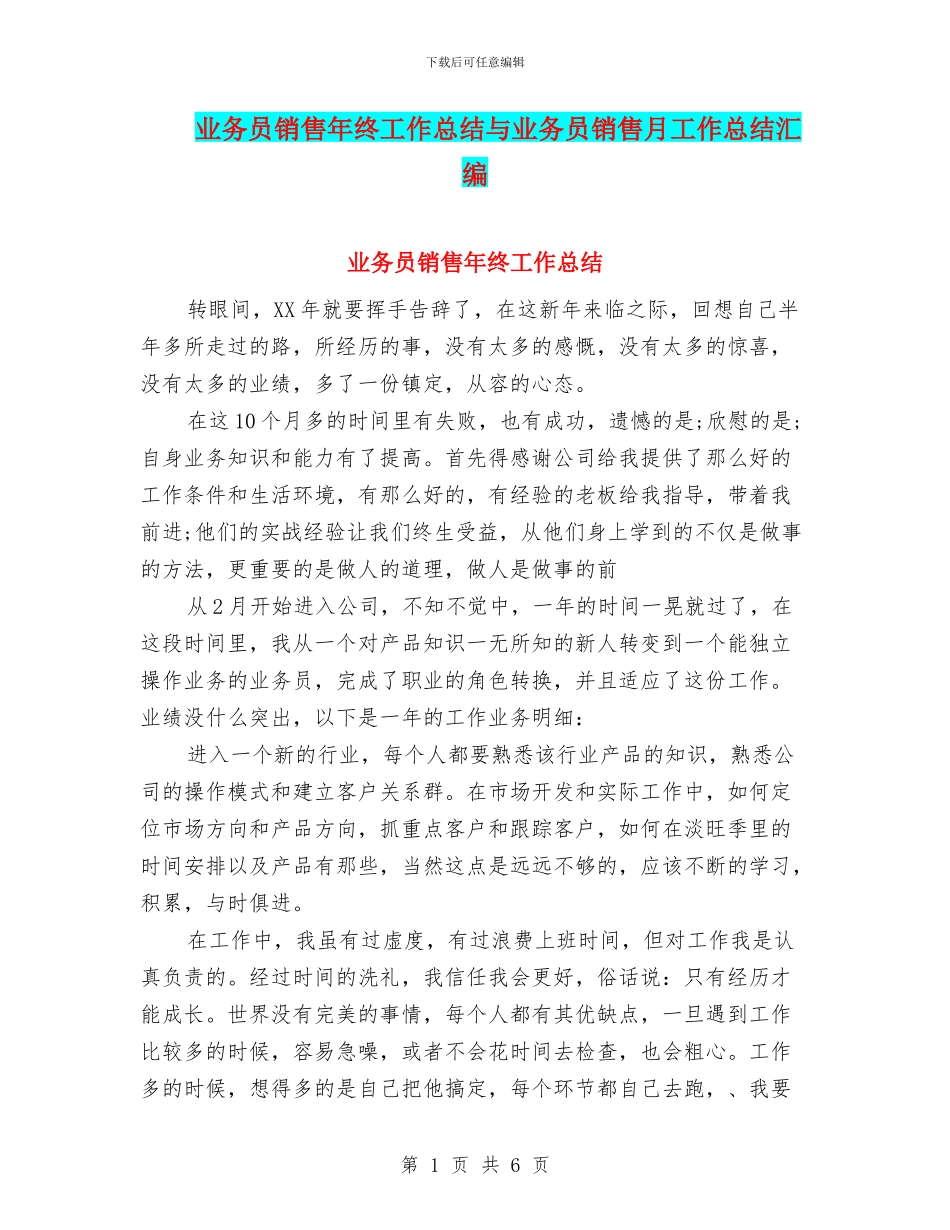 业务员销售年终工作总结与业务员销售月工作总结汇编_第1页