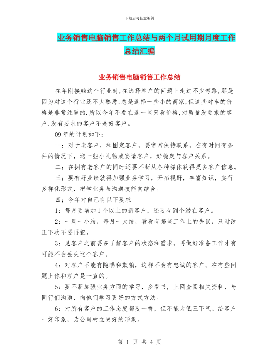 业务销售电脑销售工作总结与两个月试用期月度工作总结汇编_第1页